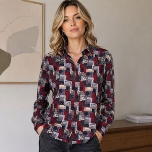 Etro Milano Italy Patchwork Print Shirt Womens Large Red Black Geometric Cotton